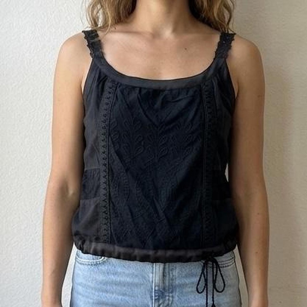 Tiny Black Embroidered Lace Strap Adjustable Tie Waist Tank – S